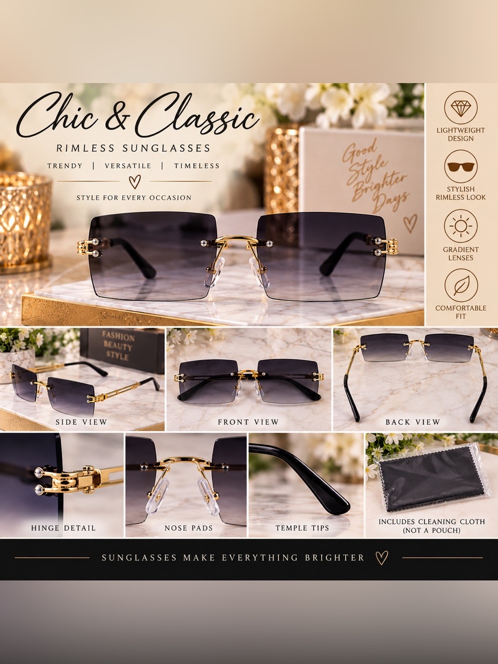Classic Rimless Rectangular Sunglasses Gold Tone Black Gray Gradient Unisex NIB